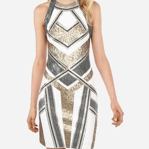 Express Women's high neck bodycon sequin geometric dress large white/black/gold